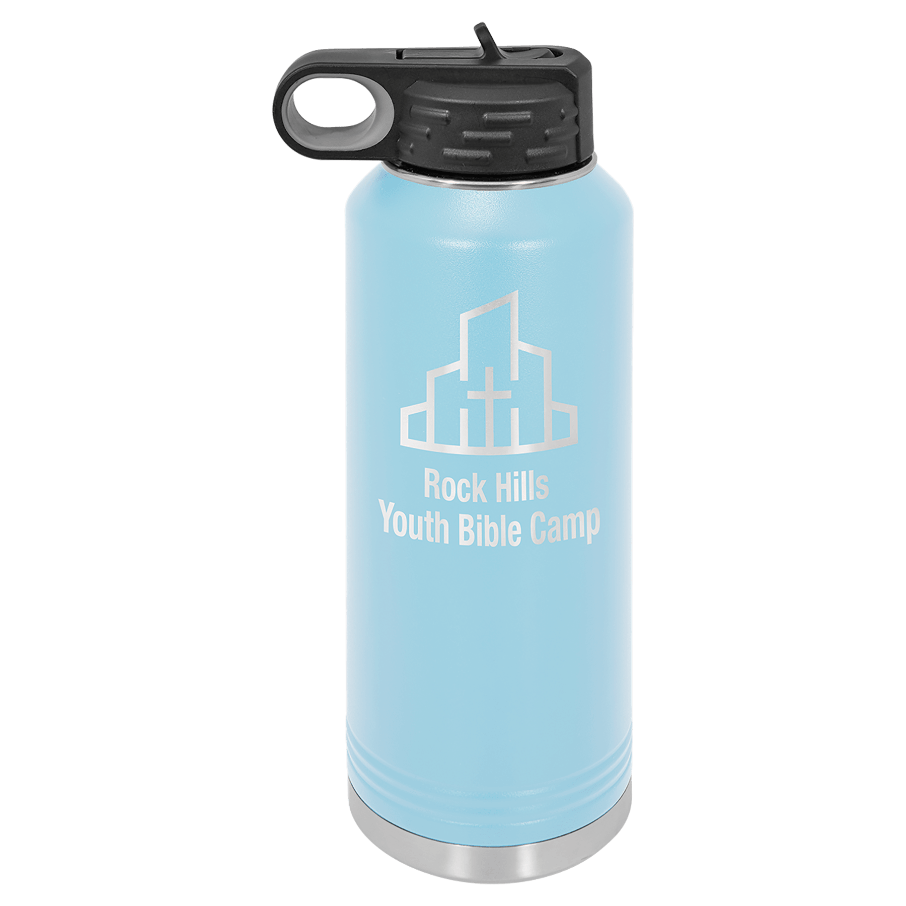 Light blue 40 oz. stainless steel water bottle with black flip-top lid and "Rock Hills Youth Bible Camp" logo.