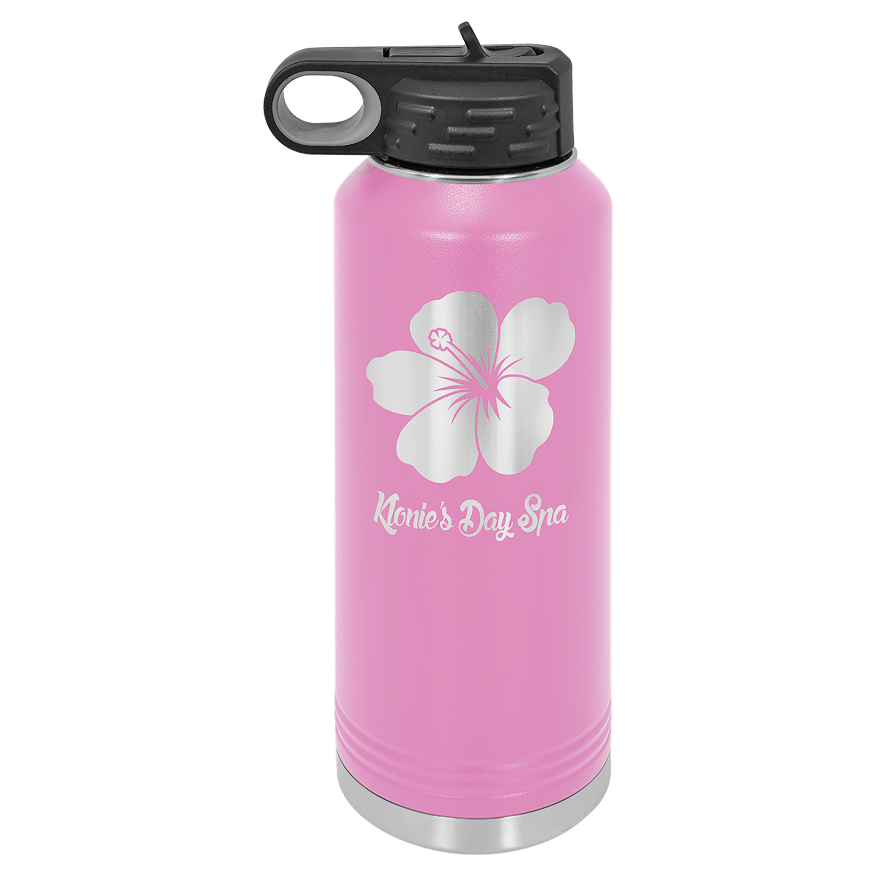 Pink 40 oz. stainless steel water bottle with black flip-top lid, straw, and hibiscus flower design.