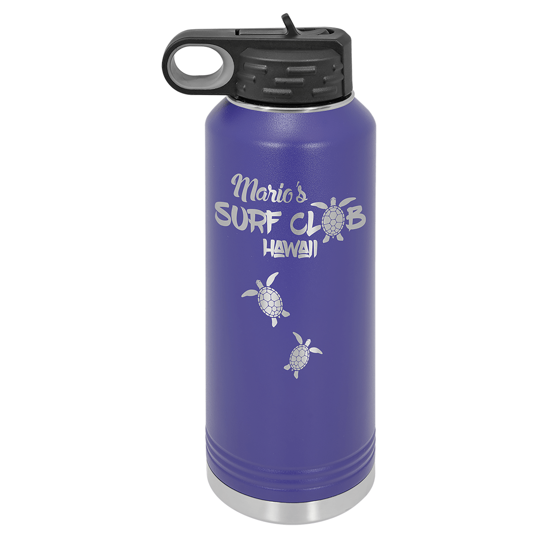 Purple 40 oz. stainless steel water bottle with "Mario's SURF CLUB HAWAII" and sea turtle design.