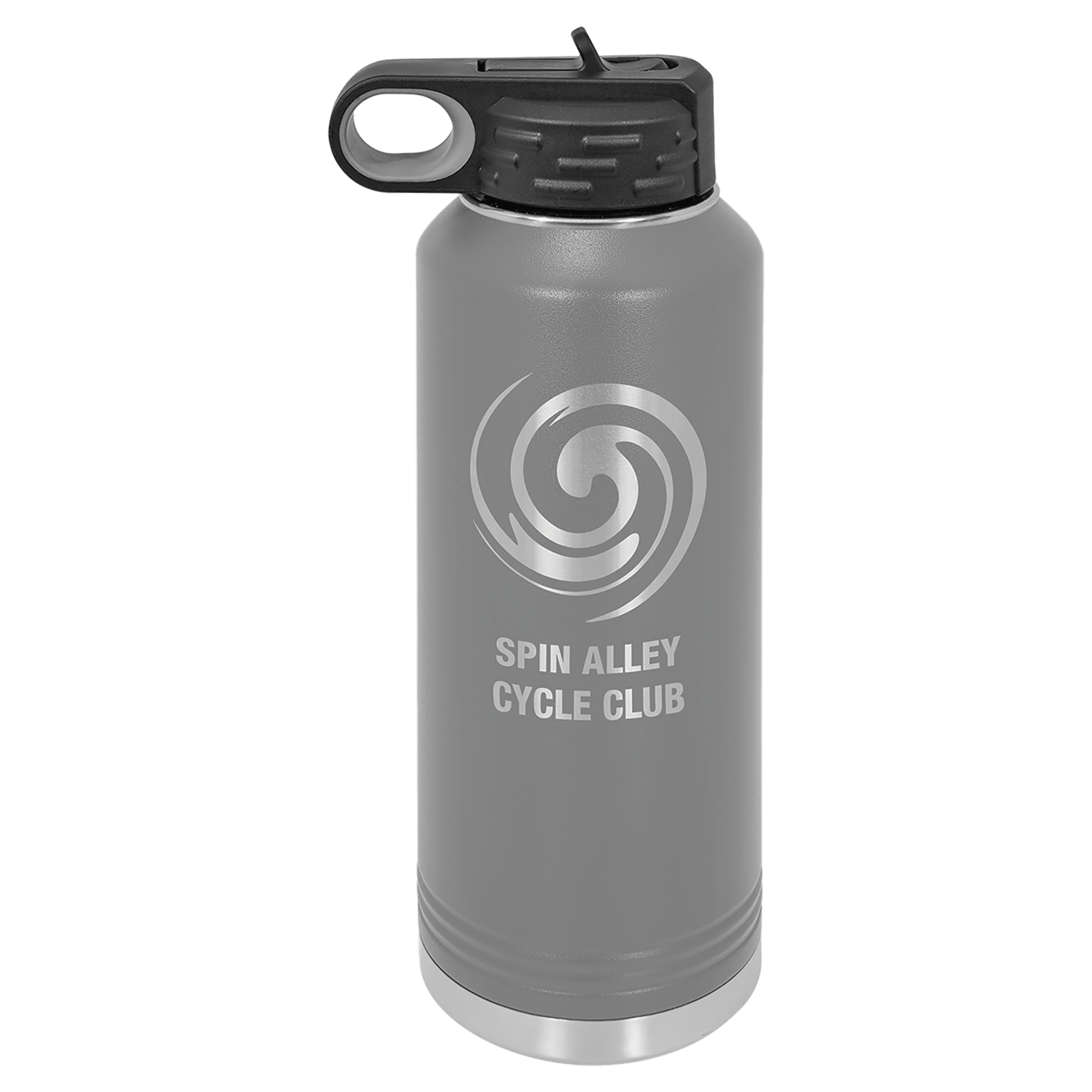 Gray 40 oz. stainless steel water bottle with black flip-top lid, straw, and "Spin Alley Cycle Club" logo.