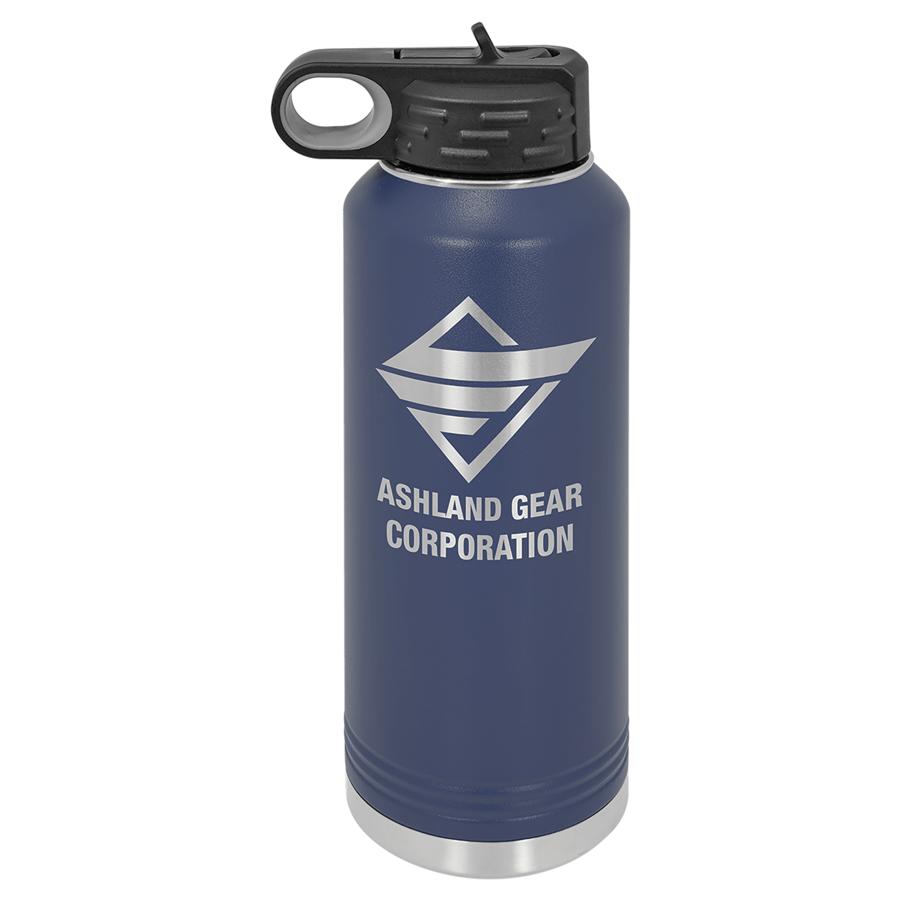 Navy blue 40 oz. stainless steel water bottle with black flip-top lid, straw, and "Ashland Gear Corporation" logo.
