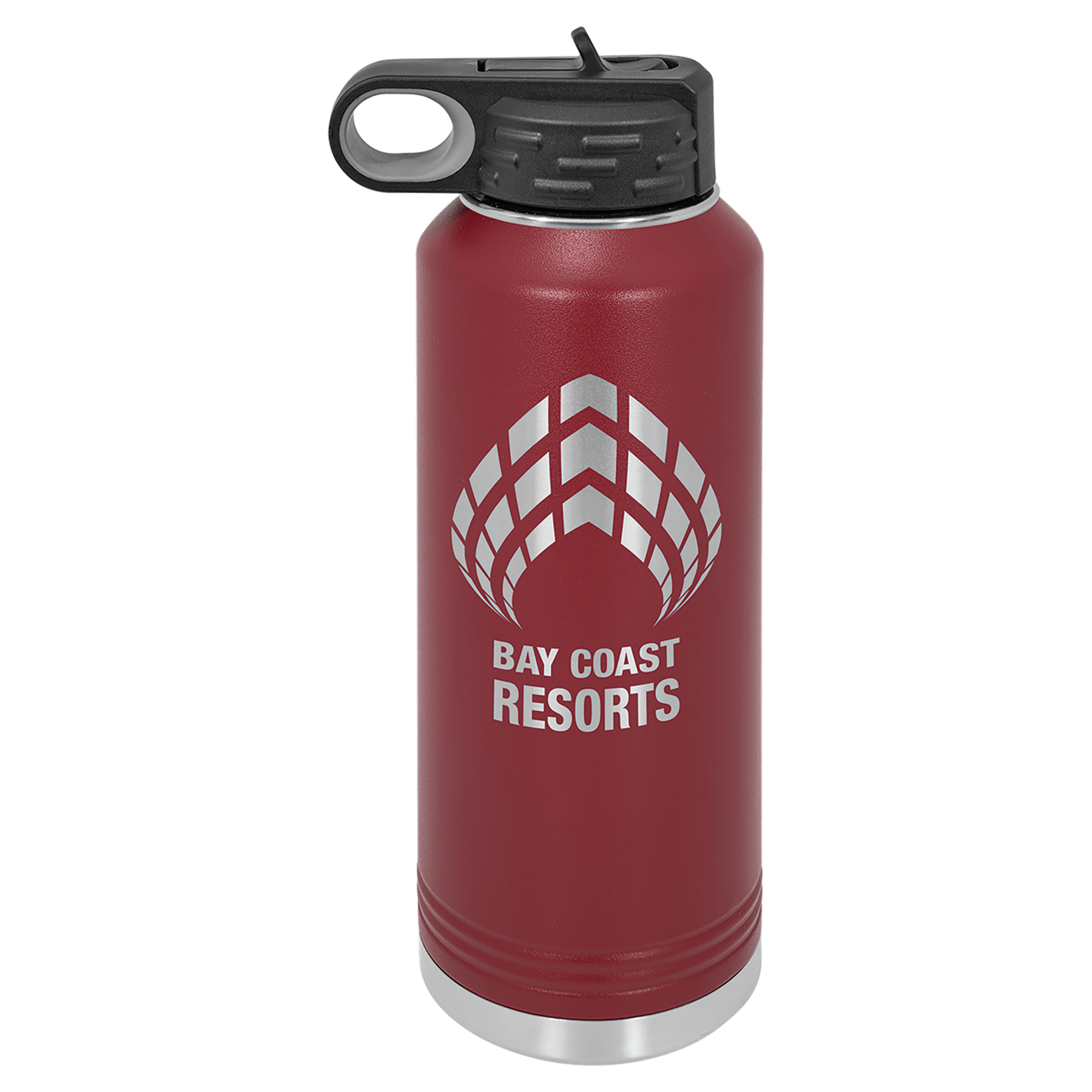 40 oz. maroon stainless steel water bottle with black flip-top lid, straw, and "Bay Coast Resorts" logo.