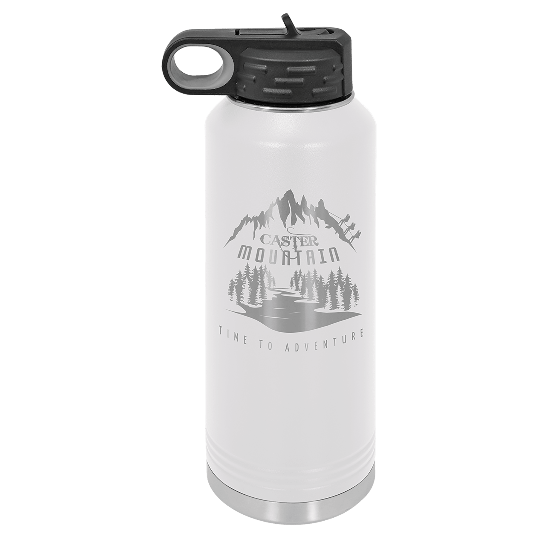 White 40 oz. stainless steel water bottle with "Caster Mountain" graphic and black flip-top lid.