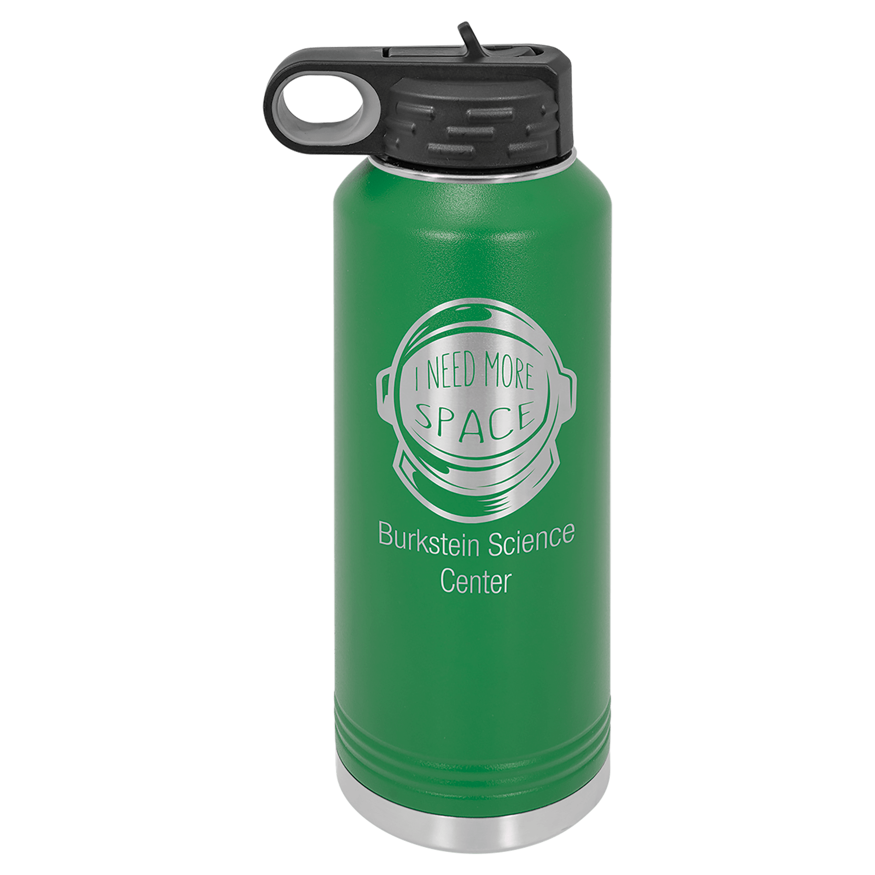 Green 40 oz. stainless steel water bottle with black flip-top lid and "I Need More Space" astronaut helmet design.