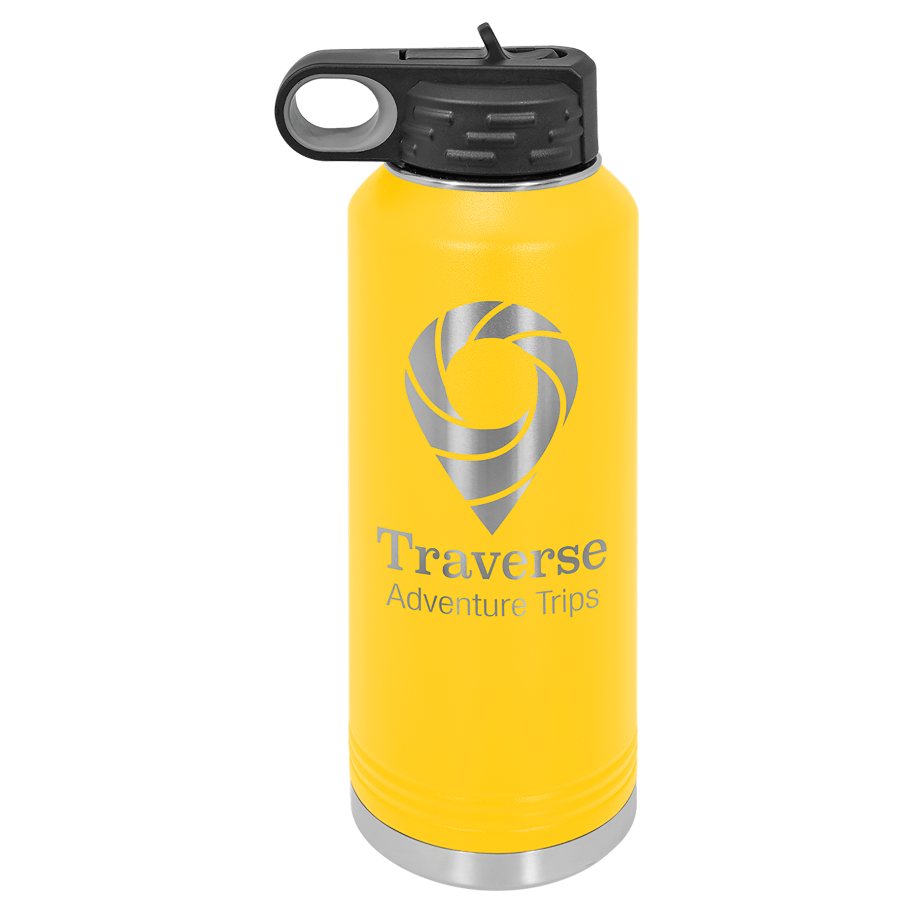 Yellow 40 oz. stainless steel water bottle with black flip-top lid, straw, and "Traverse Adventure Trips" logo.