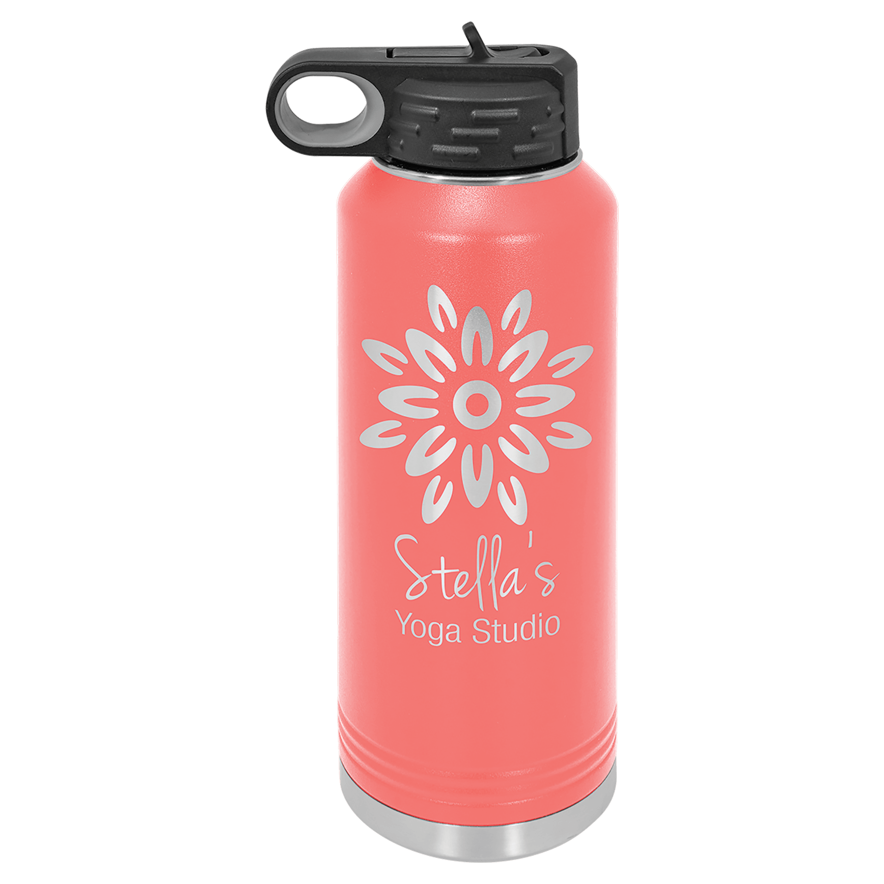 40 oz. coral stainless steel water bottle with black flip-top lid, straw, and "Stella's Yoga Studio" logo.