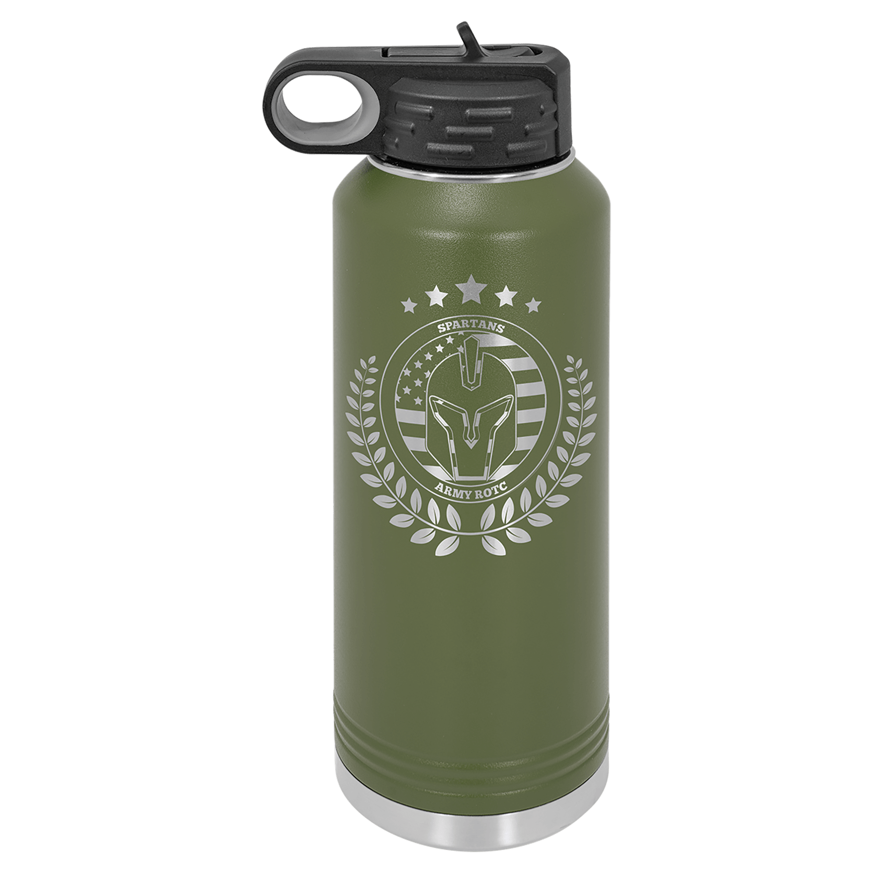 Olive green 40 oz. stainless steel water bottle with black flip-top lid and "Spartans Army ROTC" logo.
