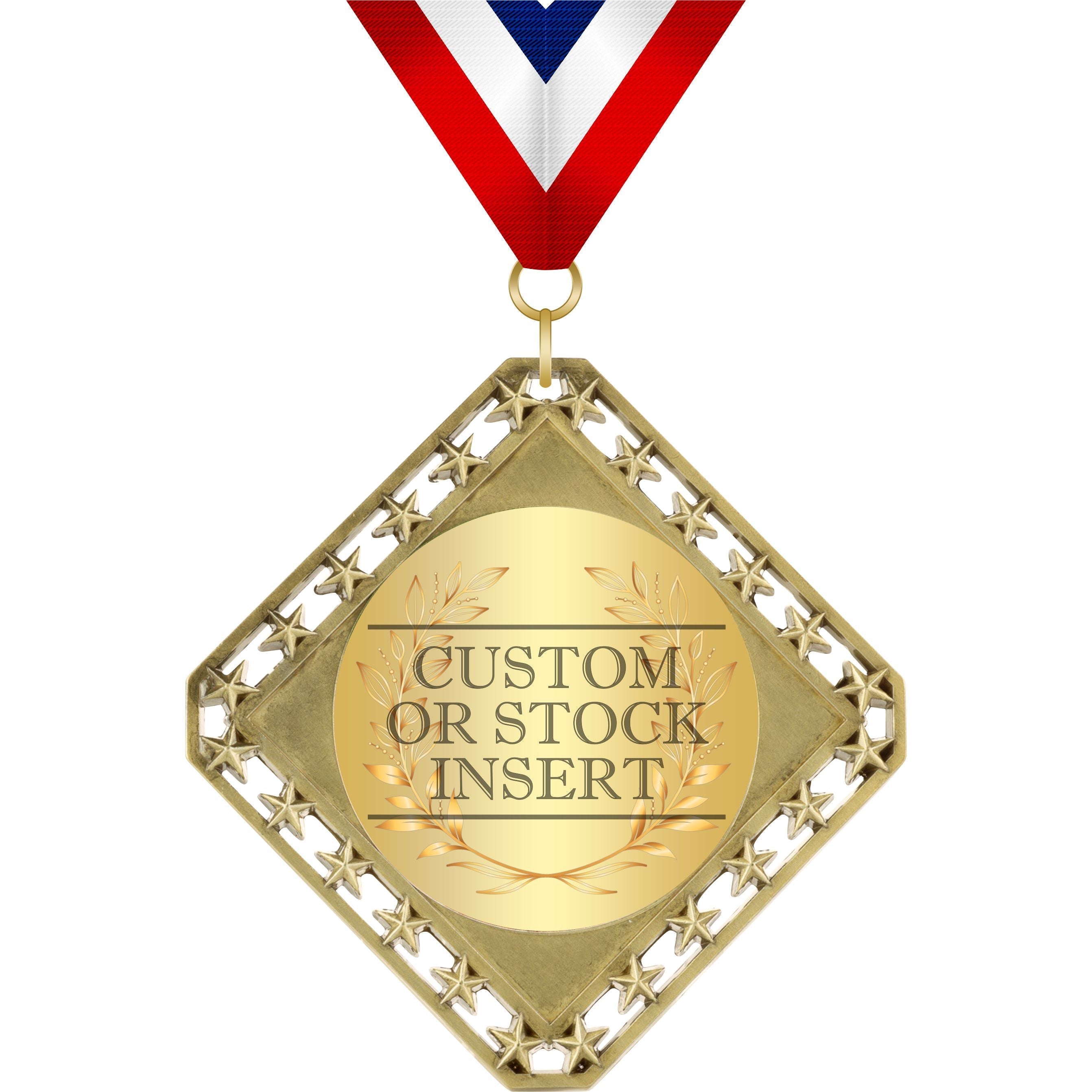 Gold diamond medal with star-studded border, a round "Custom or Stock Insert" plate, and a red, white, and blue ribbon.