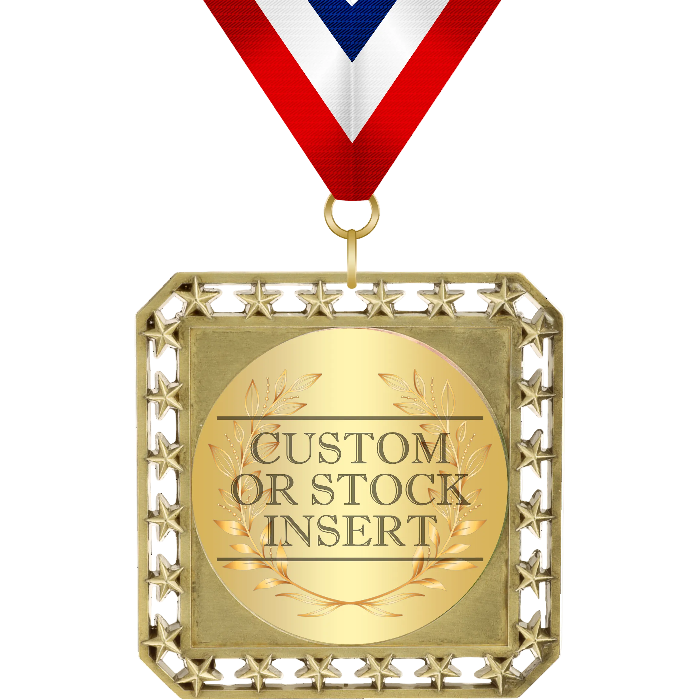 Gold 3.5" square medal with star border, 2" round insert, and red, white, blue ribbon.