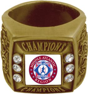 Gold Babe Ruth Baseball Regional Champions ring with Middle Atlantic logo and clear stones.