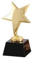 Brilliant gold brass star trophy on a square black base, 6.25 inches tall.