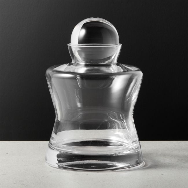 Clear glass Callas Decanter, stout 7-inch tall executive gift with a round stopper.