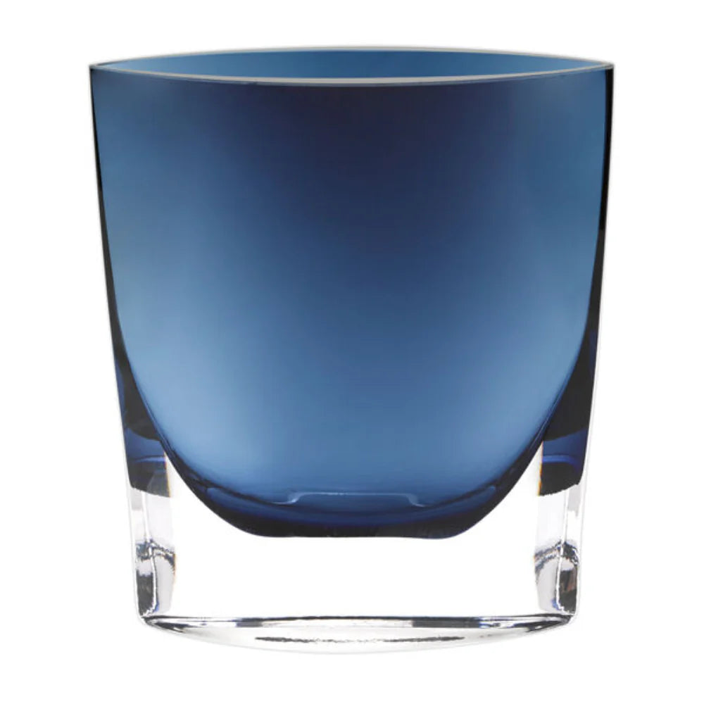 Aqua Vase: Stout, 8-inch tall, dark blue glass vase with a clear, thick base.