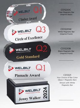 Stackable acrylic award with clear, white, and black magnetic bars on a black base, featuring "WELBILT" logo and custom text.