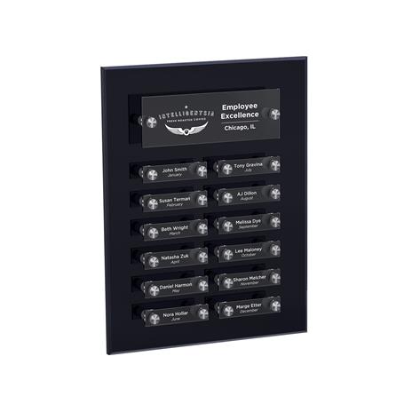 Black and clear acrylic beveled perpetual plaque with silver standoffs and multiple engraved name plates.