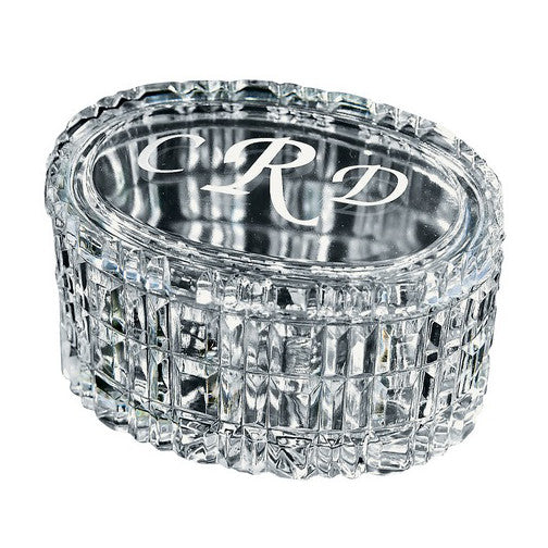 Elegant clear crystal box, 3x5 inches, with a removable lid and faceted sides.