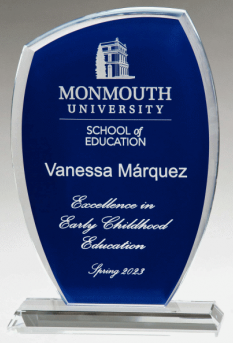 8-inch Tidal Series clear glass award with blue engraving area, featuring Monmouth University logo and custom text.