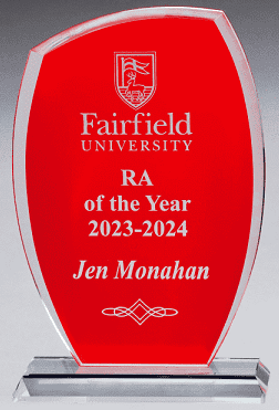 Red Tidal Series clear glass award, 8-inch tall, with engraved Fairfield University logo and text.