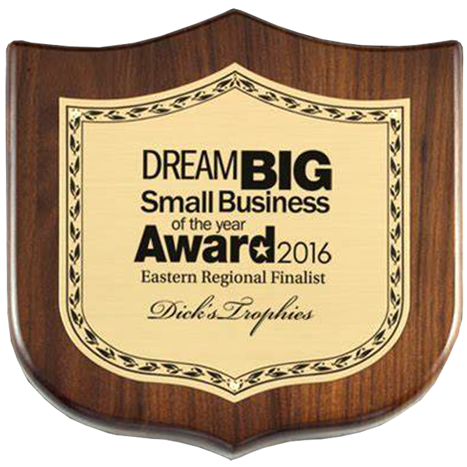 Walnut shield plaque with a decorative gold plate engraved "DREAMBIG Small Business Award 2016".