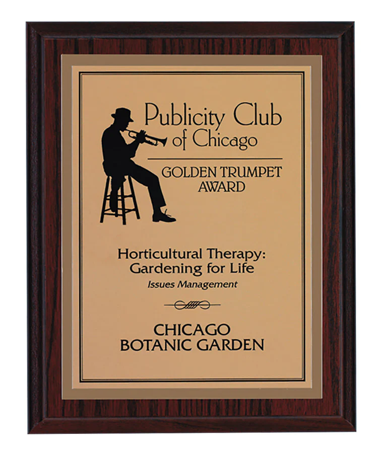 Cherry finish wood plaque with a gold aluminum plate featuring a trumpeter design and award text.