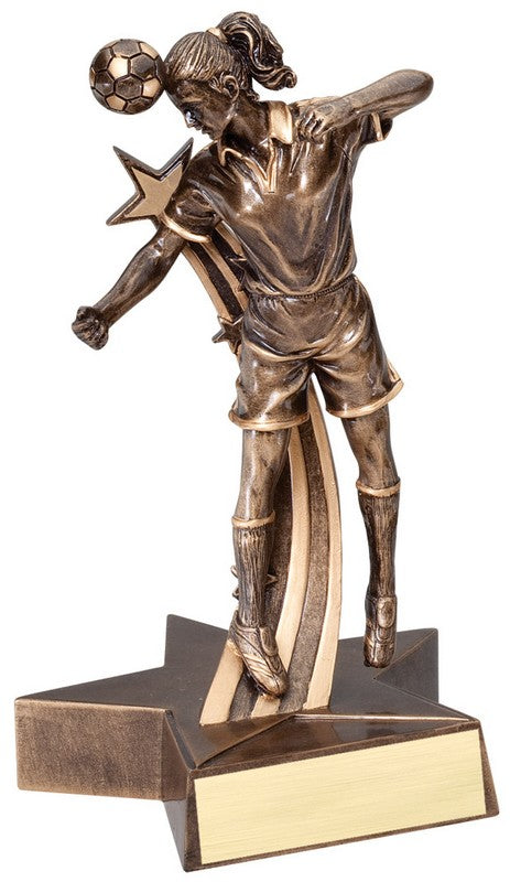 Bronze resin female soccer player trophy, 7" tall, heading a ball on a star-shaped base with a gold plate.