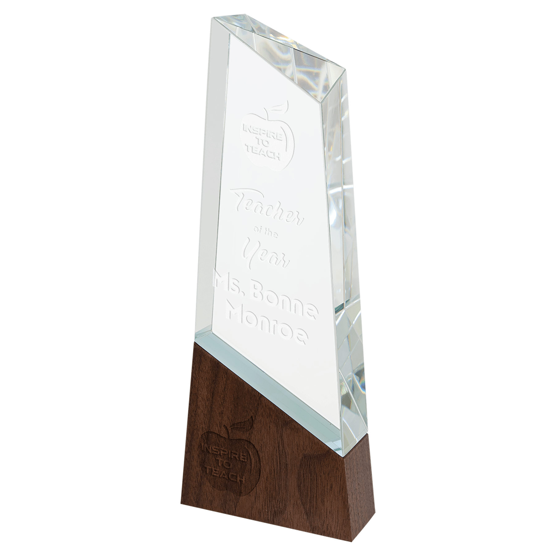 Clear glass obelisk award with angled top and walnut base, engraved "Teacher of the Year".