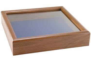 Brown wooden shadow box with a clear glass top, 11.5" tall by 9" wide.
