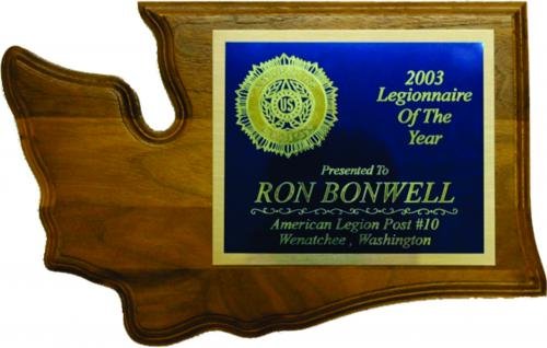 Washington State shaped wood plaque with a blue and gold "2003 Legionnaire Of The Year" award plate.