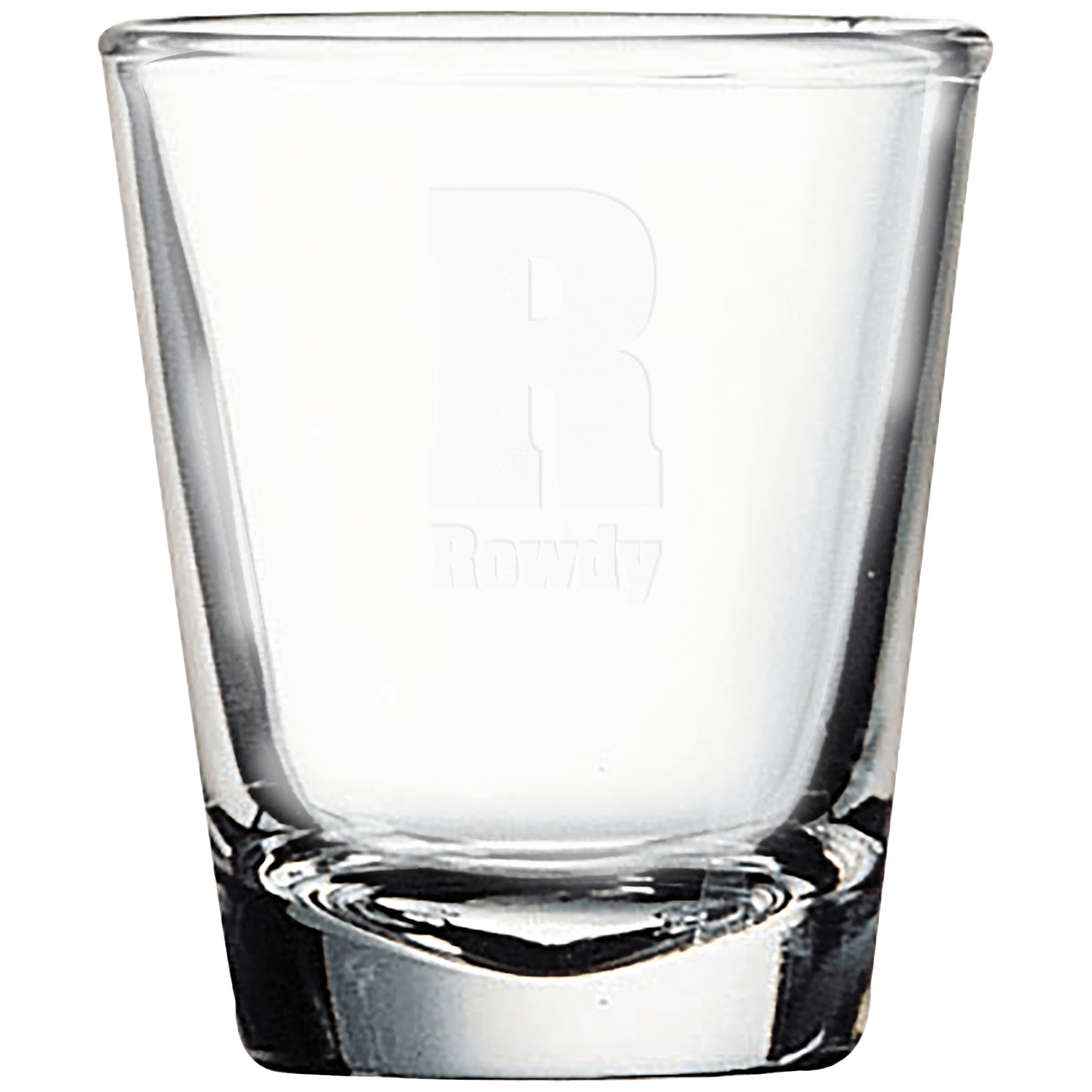 Clear 2 oz. shot glass with a thick base, etched with a large "R" and "Rowdy" below it.