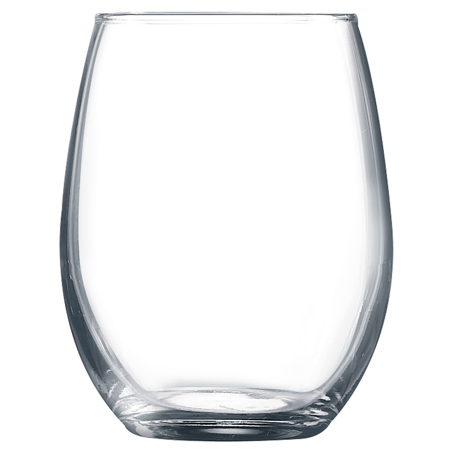 Clear 9 oz. Polar Camel stemless wine glass with a sleek, curved design.