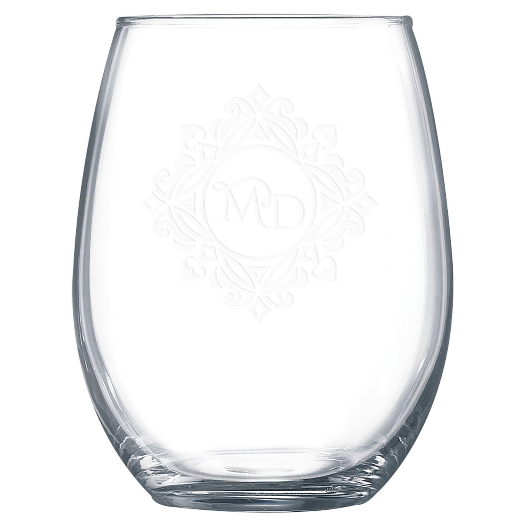 Clear 15 oz. stemless wine glass with an etched "MD" monogram in an ornate frame.