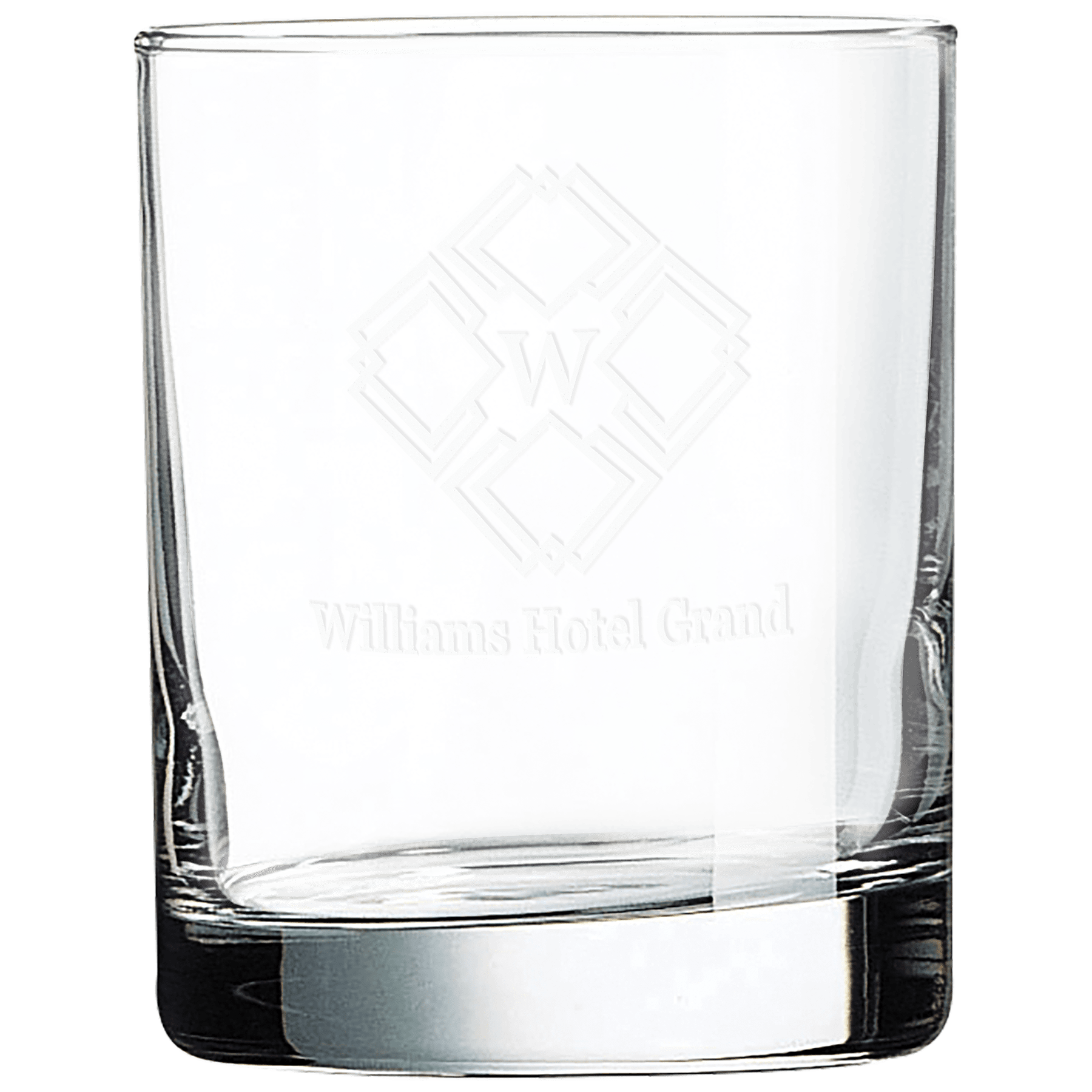 Clear 11 oz On the Rocks glass with a personalized Williams Hotel Grand logo, 3-1/2"h x 3-3/16"w.