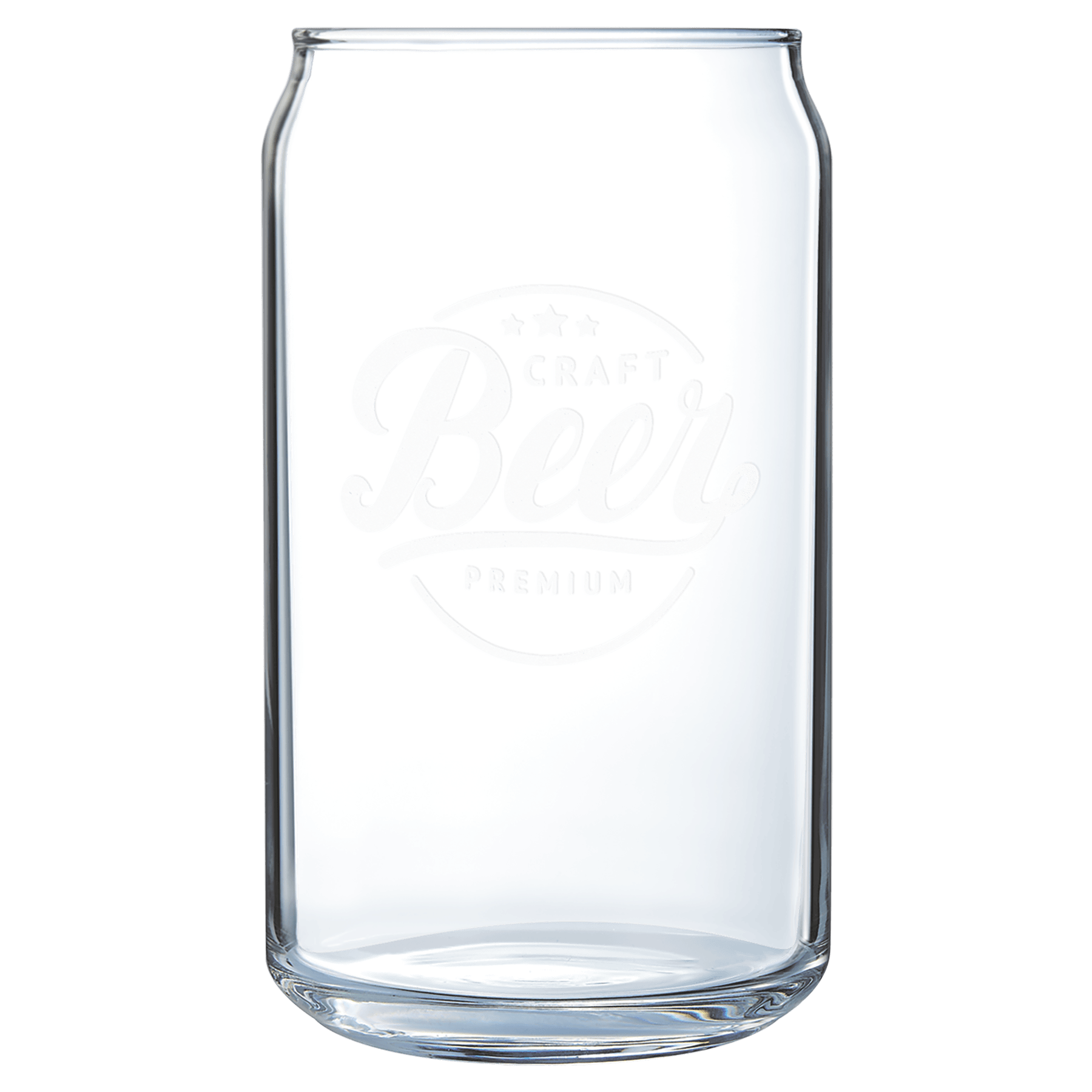 Clear 16 oz. can-shaped glass with "Craft Beer Premium" logo.