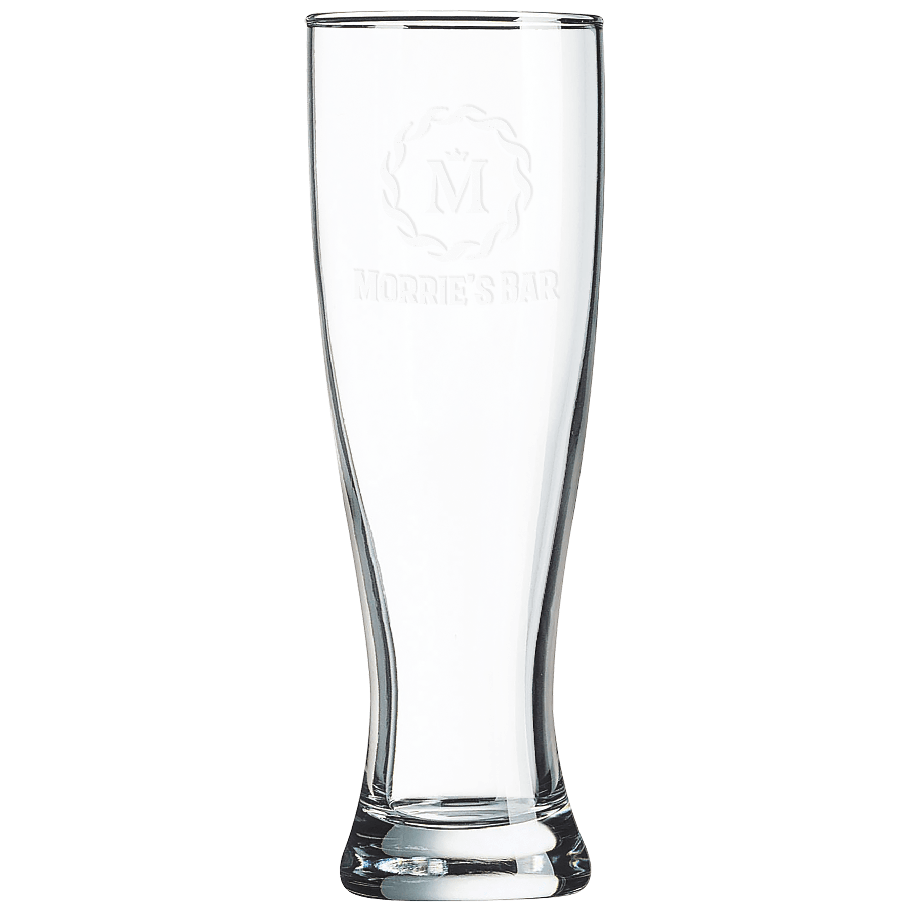 Clear 16 oz. Pilsner glass with "Morrie's Bar" and an "M" logo etched on the front.