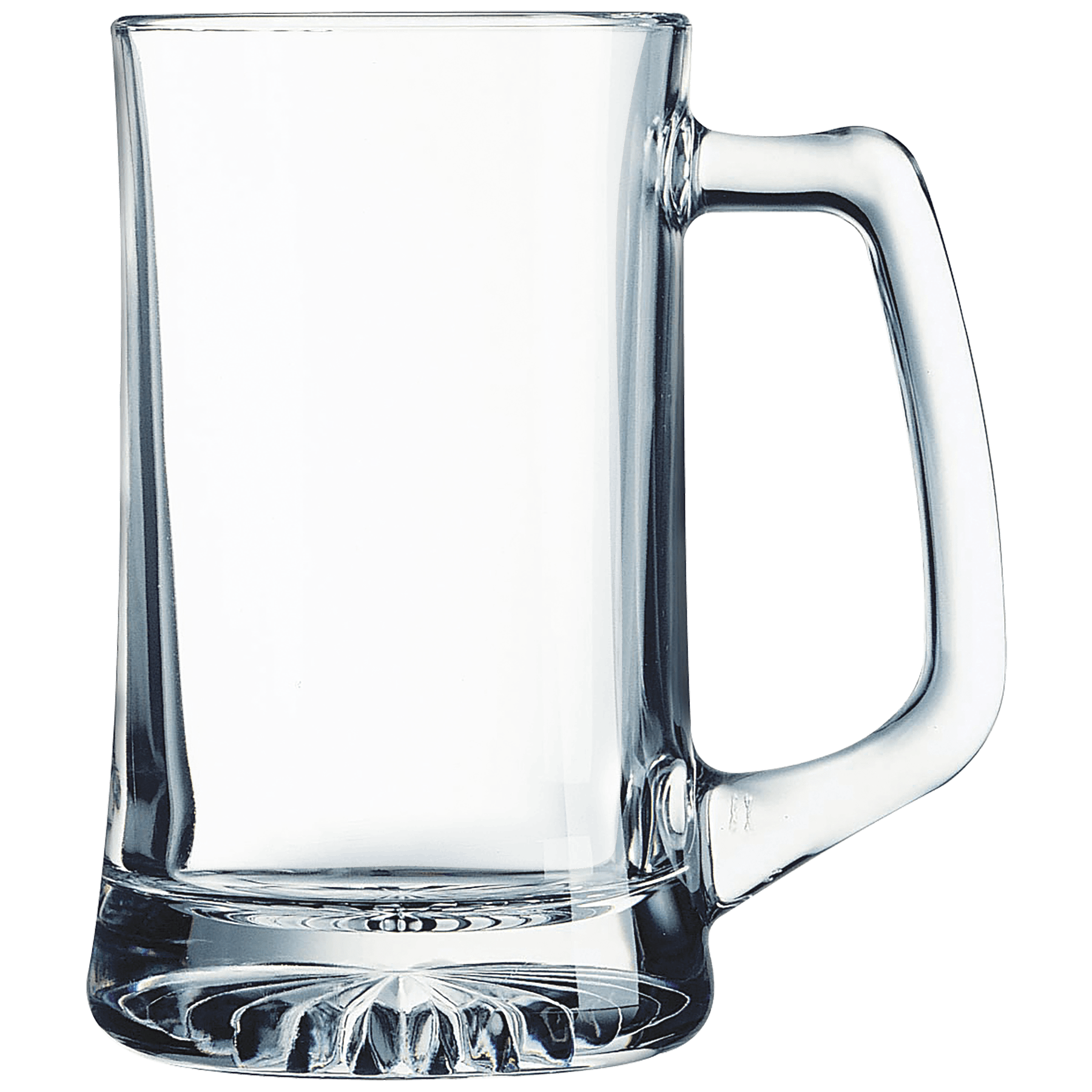 Clear 25 oz. glass beer mug with a sturdy handle and thick base.