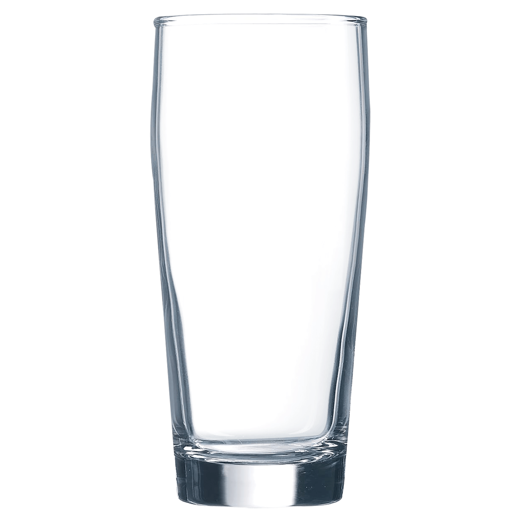 Clear 16 oz. Willi Becher beer glass with a thick base and slightly tapered design.