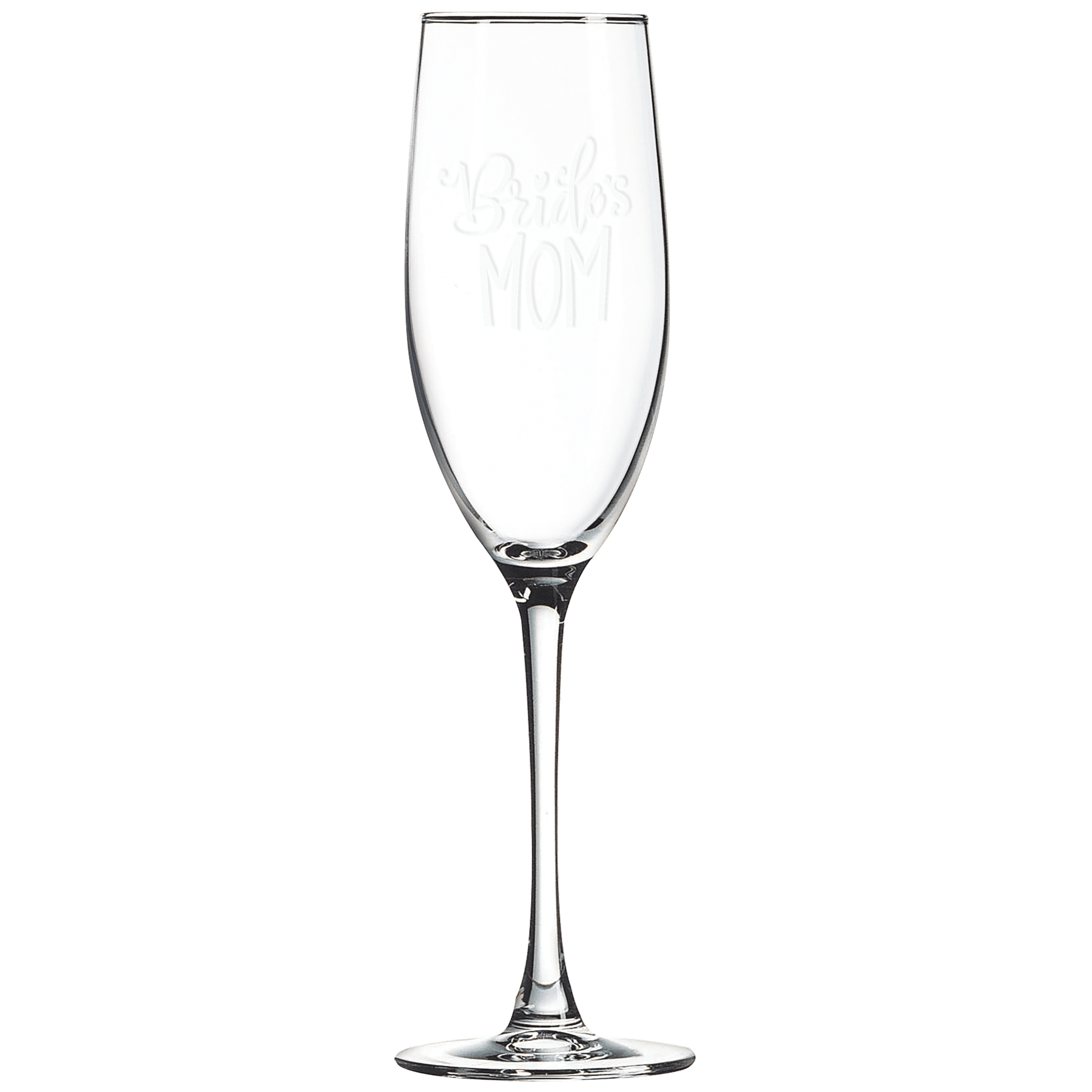 Clear 8 oz. Polar Camel champagne flute, 9-1/2" tall, engraved with "Bride's MOM".