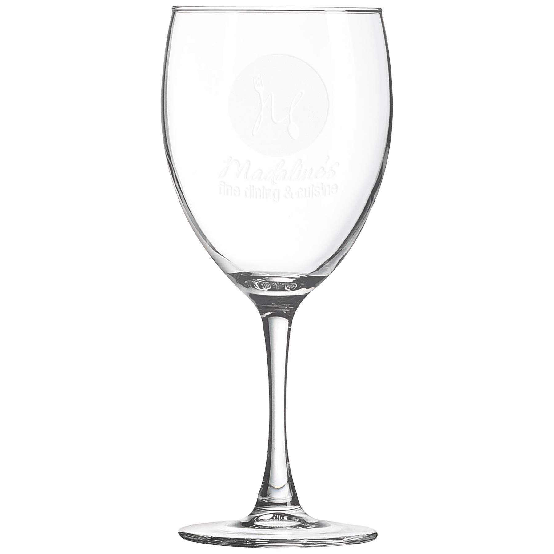 Clear 10.5 oz. wine glass with a stem and base, featuring "Madalino's Fine Dining & Cuisine" etched on the bowl.