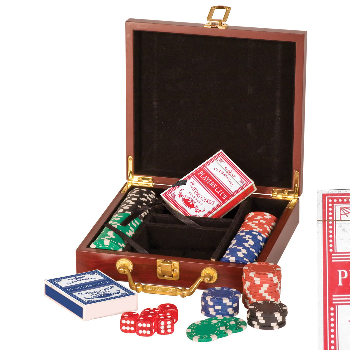 Open rosewood finish poker set with brass handle, 100 chips, 2 decks of cards, and 5 red dice.