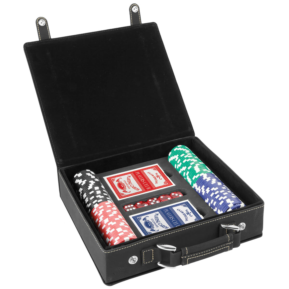 Black laserable leatherette poker set with 100 chips, 2 card decks, and 5 dice, featuring a carry handle.