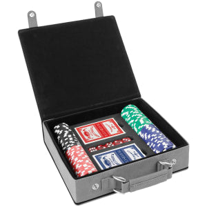 Gray laserable leatherette poker set open, showing 100 chips, 2 card decks, and 5 dice.