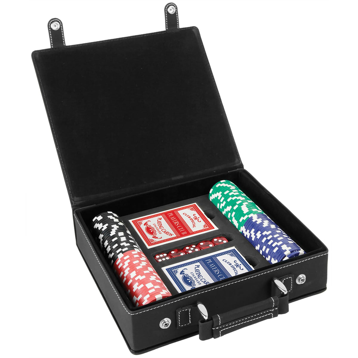 Open black leatherette poker set with red, blue, green chips, playing cards, and dice.