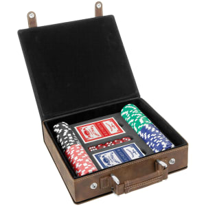 Brown laserable leatherette poker set with black felt lining, handle, and snap closures, containing chips, cards, and dice.