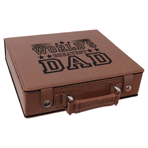 Brown laserable leatherette poker set box with "WORLD'S GREATEST DAD" engraving, handle, and snap closures.