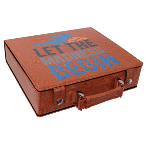 Brown laserable leatherette poker chip set with "LET THE MADNESS BEGIN" basketball design, handle, and snap closures.