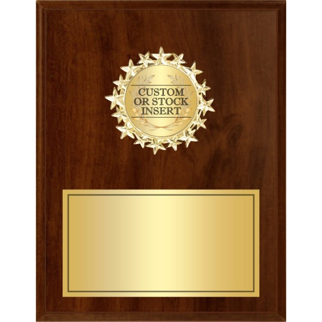Cherry finish Starburst Medallion Plaque with gold stars, a "CUSTOM OR STOCK INSERT" medallion, and a blank gold personalization plate.