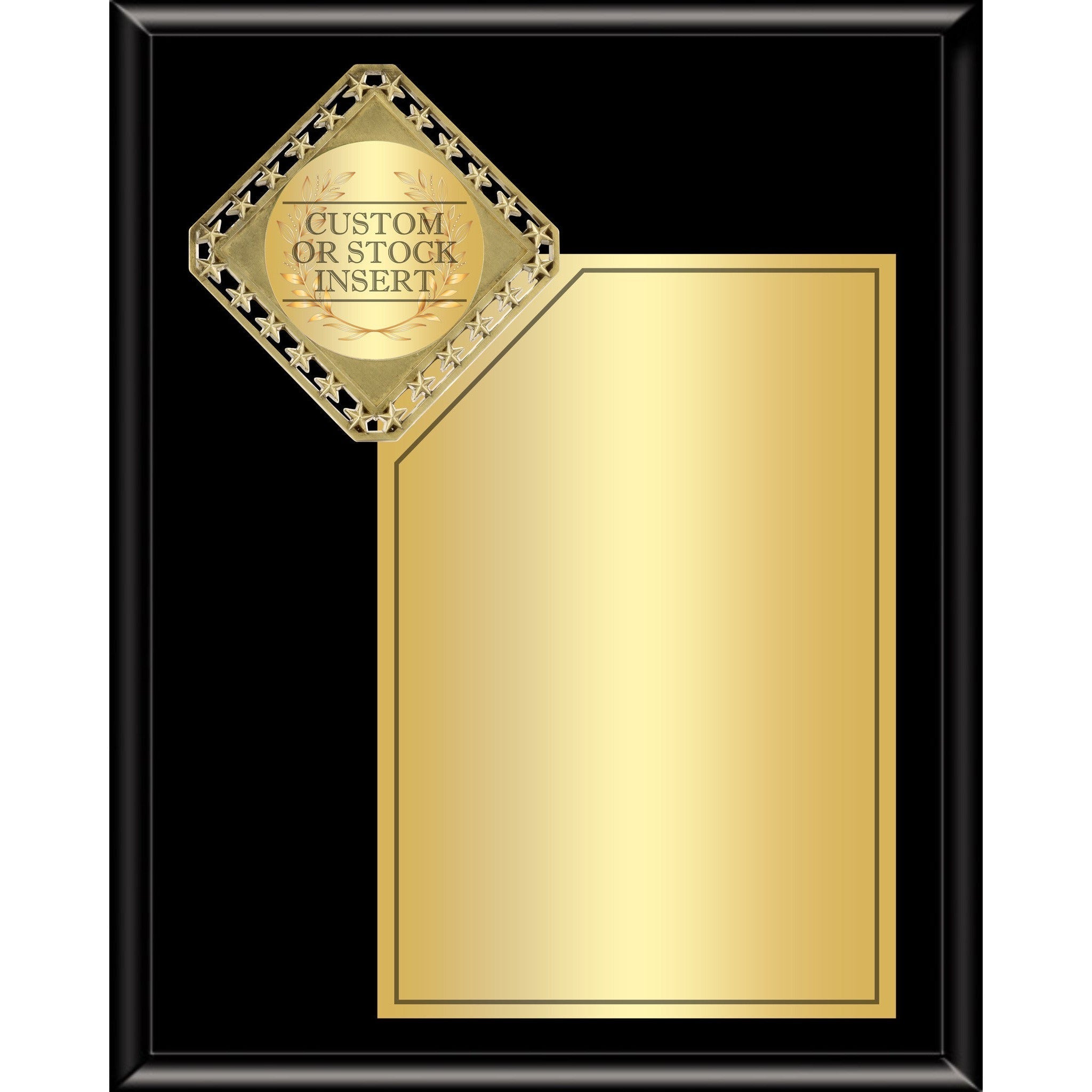 Black Diamond Medallion Plaque with a gold custom or stock insert and a large gold engraving plate.