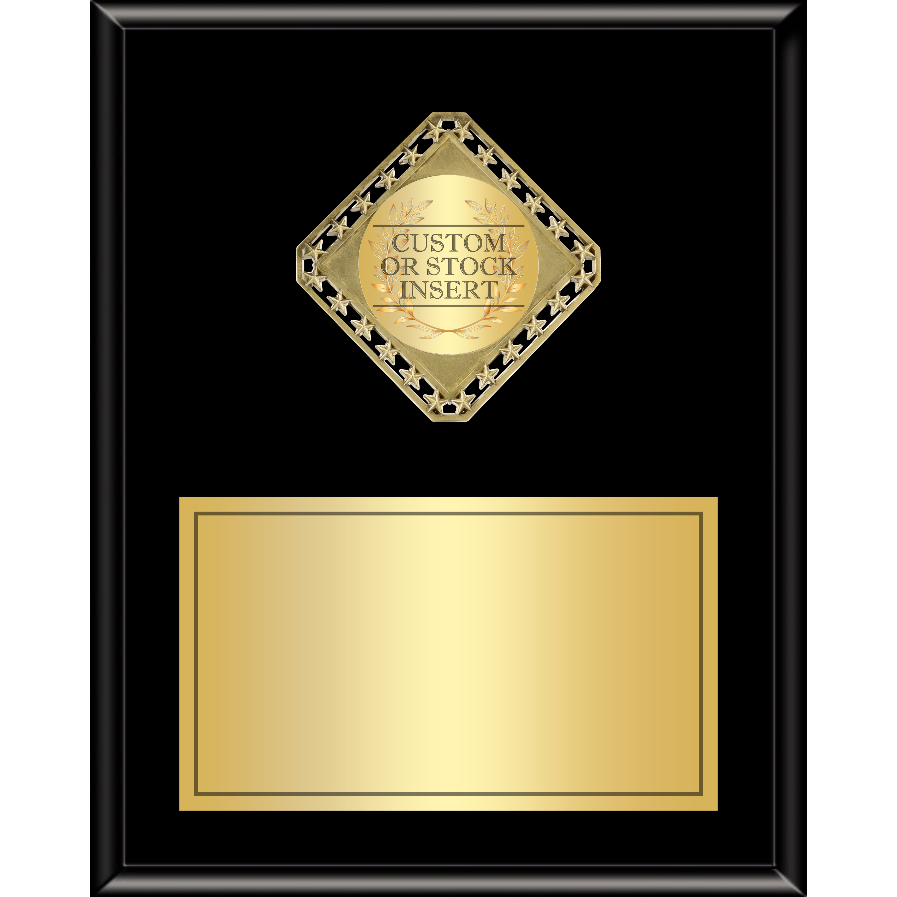 Black vertical plaque with a gold diamond border medallion and a blank gold custom plate.