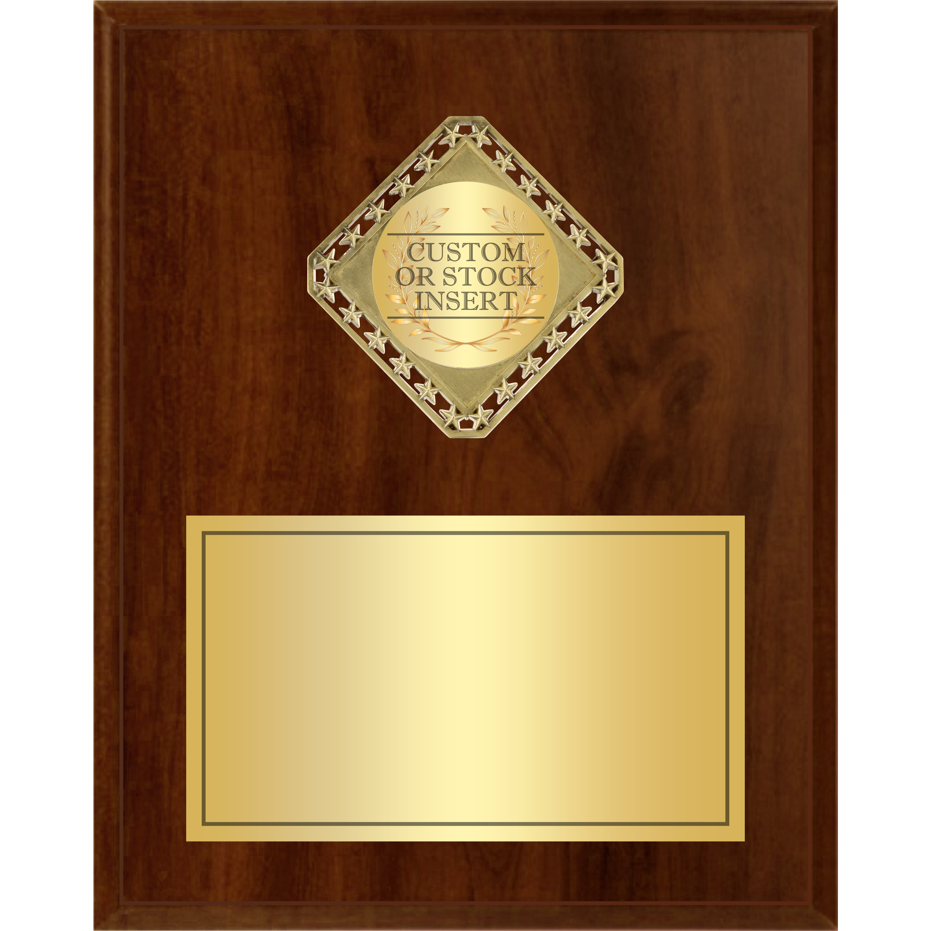 Vertical cherry wood plaque with a gold diamond medallion and a blank gold custom plate.