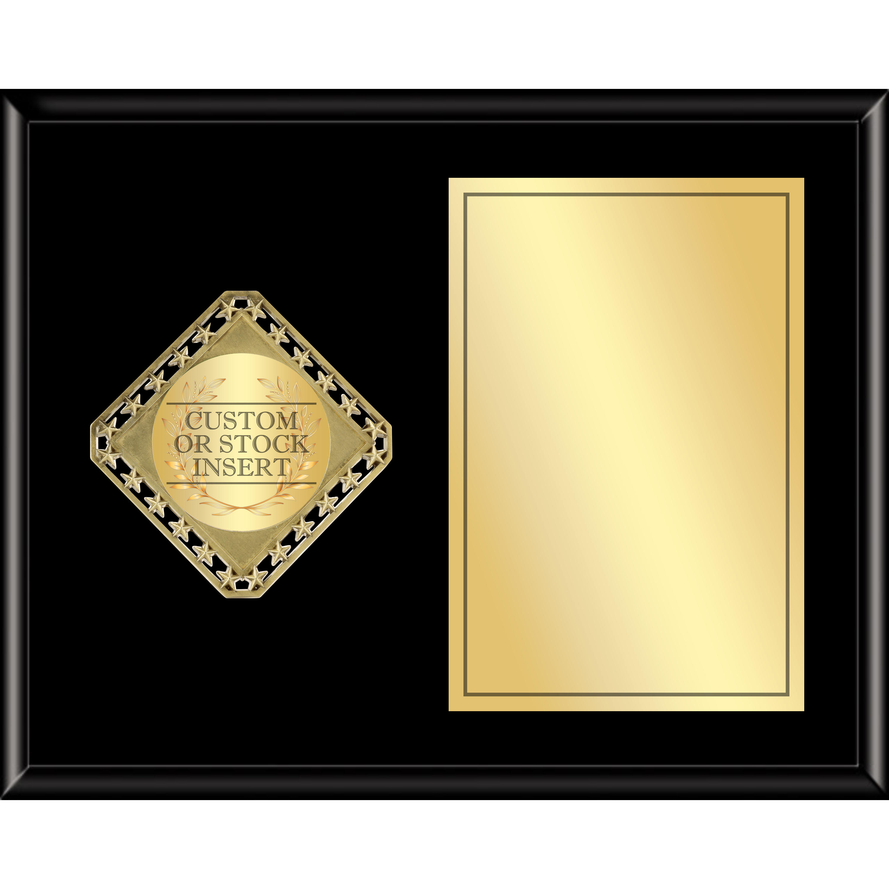 Black horizontal plaque with a gold diamond border medallion and a blank gold custom plate.